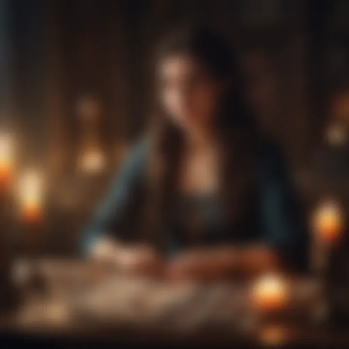 A mystical tarot reading session with candles and crystals
