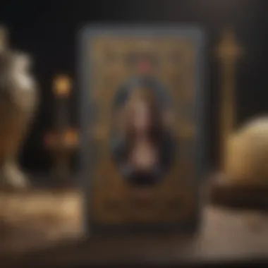 An artistic representation of a single tarot card with intricate symbolism