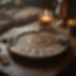 A beautifully designed tarot deck fanned out on a mystical table.