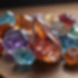 A collection of various crystals on a wooden surface showcasing their unique colors and textures