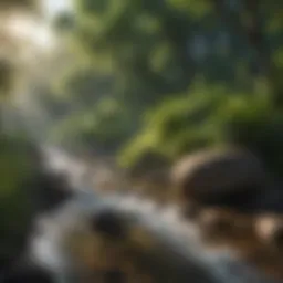A serene landscape with a flowing river surrounded by vibrant greenery, symbolizing harmony and purification.