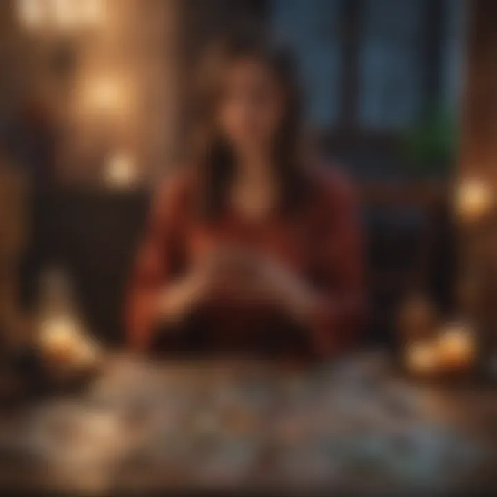 Person meditating with tarot cards in a tranquil setting