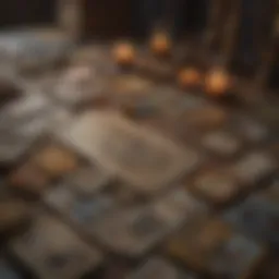 A tarot card spread with various cards laid out on a mystical background.