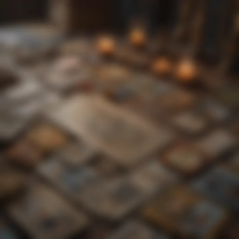 A tarot card spread with various cards laid out on a mystical background.
