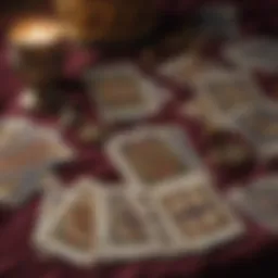 A detailed tarot card spread on a velvet cloth, showcasing various cards