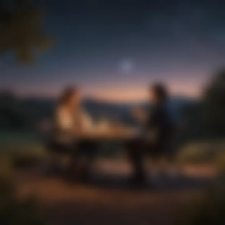 A serene image of a couple gazing at the stars in a twilight setting