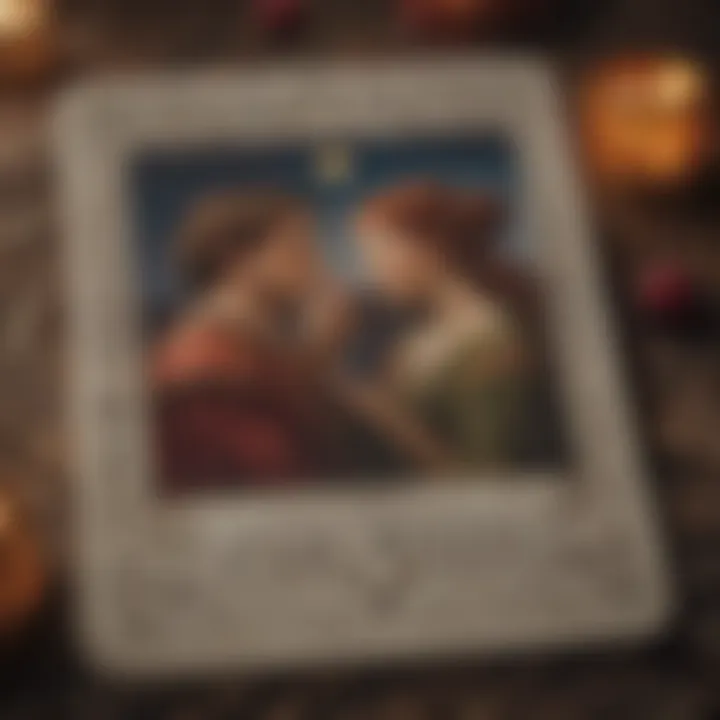 A close-up of a tarot card depicting the Lovers, symbolizing romance.