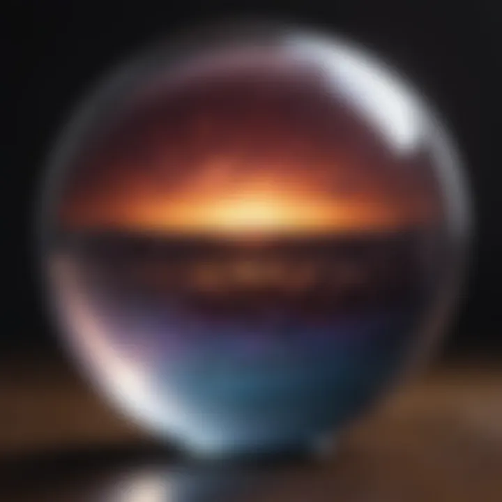 A close-up of a crystal ball reflecting cosmic patterns