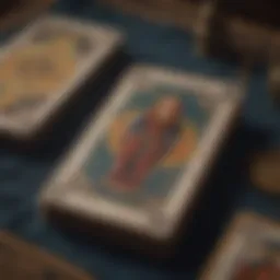 An ancient tarot deck spread out on a velvet cloth