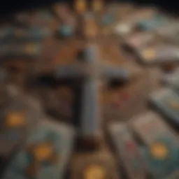 A vivid layout of tarot cards arranged in a Celtic cross spread, highlighting their intricate designs.