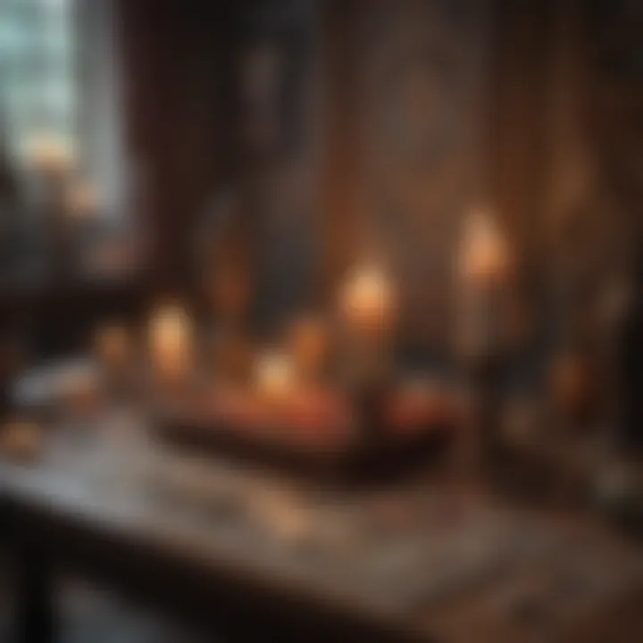 A tranquil setting with candles and crystals, creating an inviting aura for tarot reading.