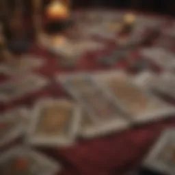 An array of tarot cards spread on a velvet cloth, showcasing intricate designs and symbols.