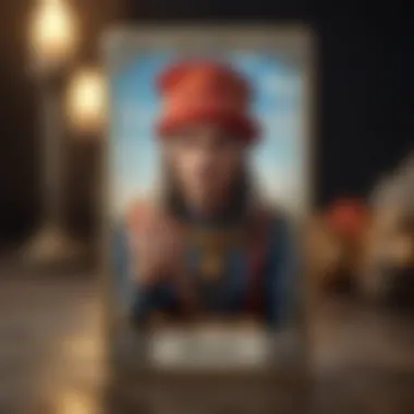 A close-up view of a single tarot card featuring the imagery of The Fool, symbolizing new beginnings.