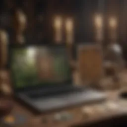 A digital tarot reading setup featuring a laptop and tarot cards