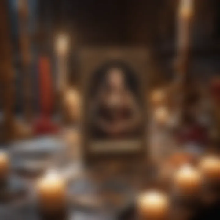 An individual focused on tarot card interpretation, surrounded by candles and crystals to enhance clarity.