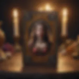 A vibrant tarot card spread laid out on a mystical table.