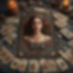 An intricate spread of tarot cards laid out on a mystical background