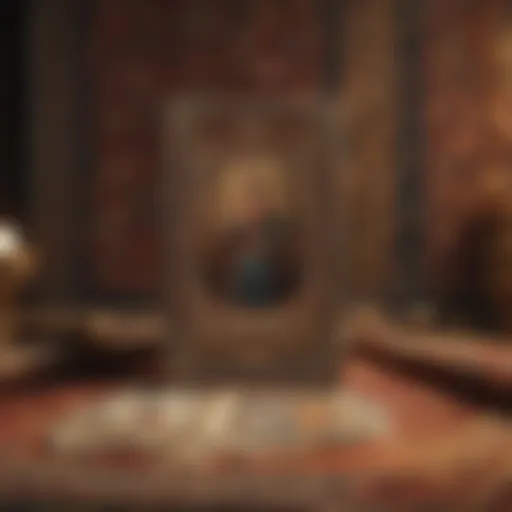 A vintage tarot card deck displayed on a mystical tapestry.