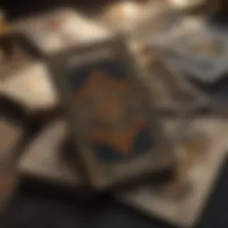 A detailed close-up of tarot cards spread on a mystical background