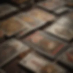 A close-up of tarot cards spread out on a table, showcasing their intricate designs and symbolism.
