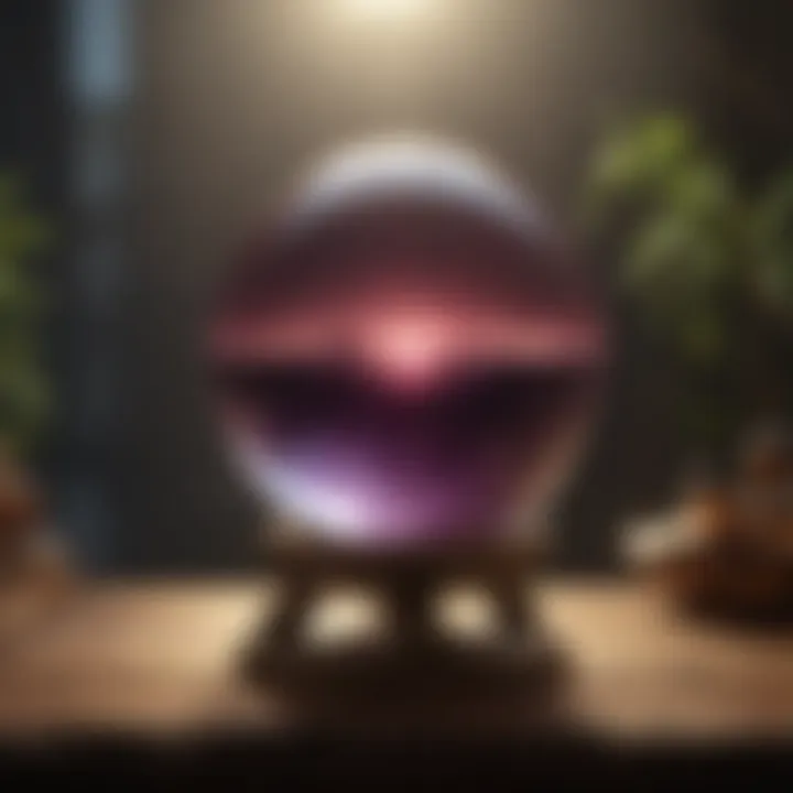 A crystal ball placed on a decorative surface, emitting a mystical aura.