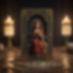 An elegant tarot card spread displayed on a mystical background