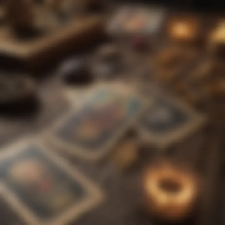 A close-up of tarot cards being interpreted with mystical symbols surrounding them