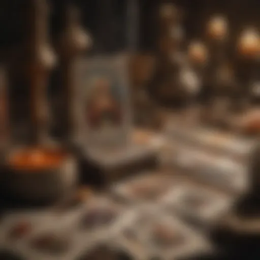 A detailed depiction of a traditional tarot spread showcasing various cards