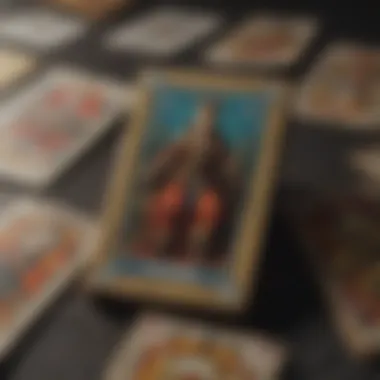 A close-up view of tarot cards being shuffled, highlighting their vivid colors and detailed illustrations.