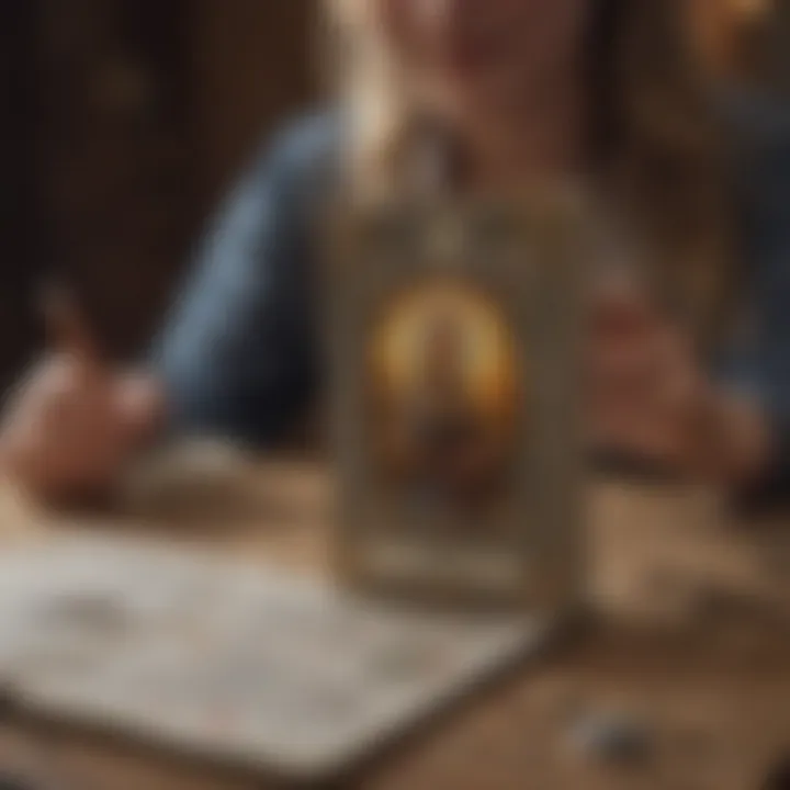 Individual studying tarot cards with a notebook