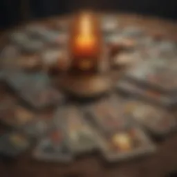 A tarot card spread showing various cards laid out thoughtfully