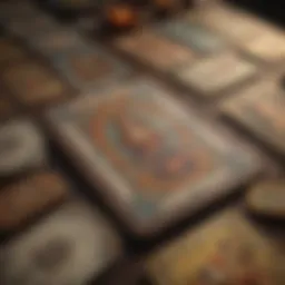Ancient tarot cards spread out on a table, showcasing intricate designs.