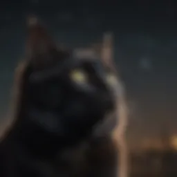 A serene black cat gazing into the night sky