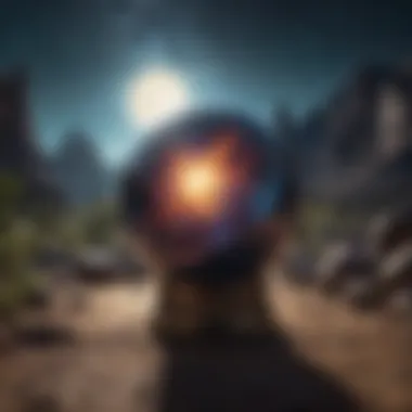 A mystical landscape reflecting celestial bodies and magical artifacts
