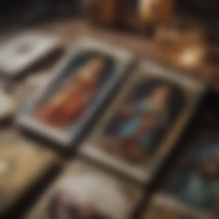 Close-up view of unique tarot cards highlighting their themes