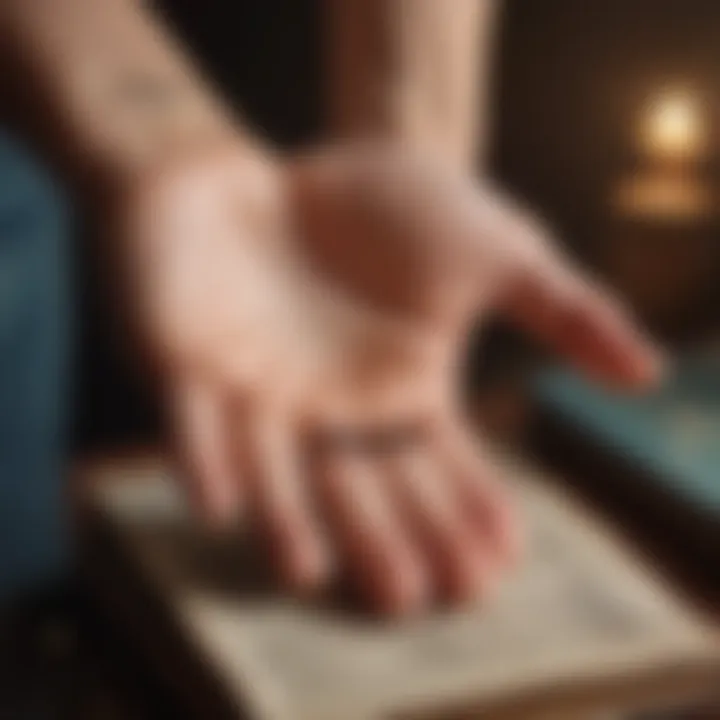 Palmistry reader studying a hand with intense focus