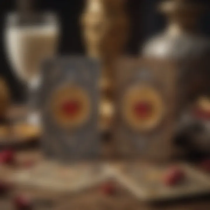 Close-up of tarot cards depicting symbols of love and destiny, set in a tranquil environment.