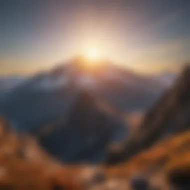 Mystical representation of the sun shining brightly over a mountain peak