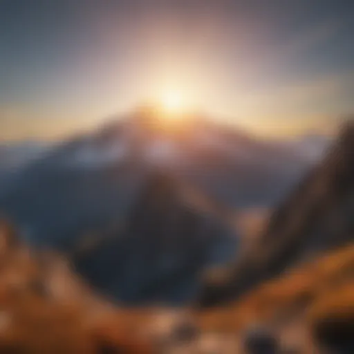 Mystical representation of the sun shining brightly over a mountain peak