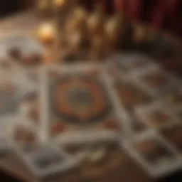 A beautifully designed tarot deck spread out on a mystical backdrop, showcasing the intricate artwork of the cards.