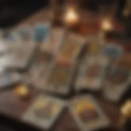 A beautifully illustrated tarot deck spread out on a table