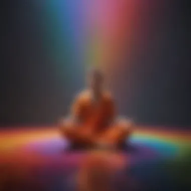 A person meditating surrounded by a rainbow of colors