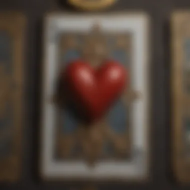 A close-up of tarot cards featuring symbols of love and partnership