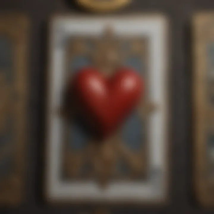 A close-up of tarot cards featuring symbols of love and partnership