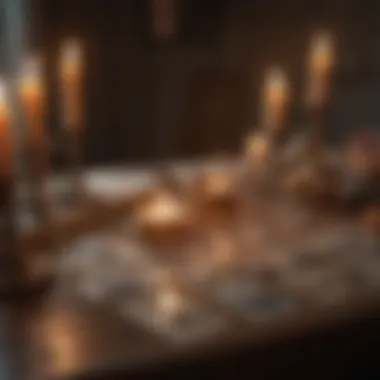 A detailed view of a tarot card spread on a table with candles and crystals.