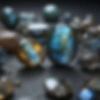 Various pieces of labradorite in different shapes and settings